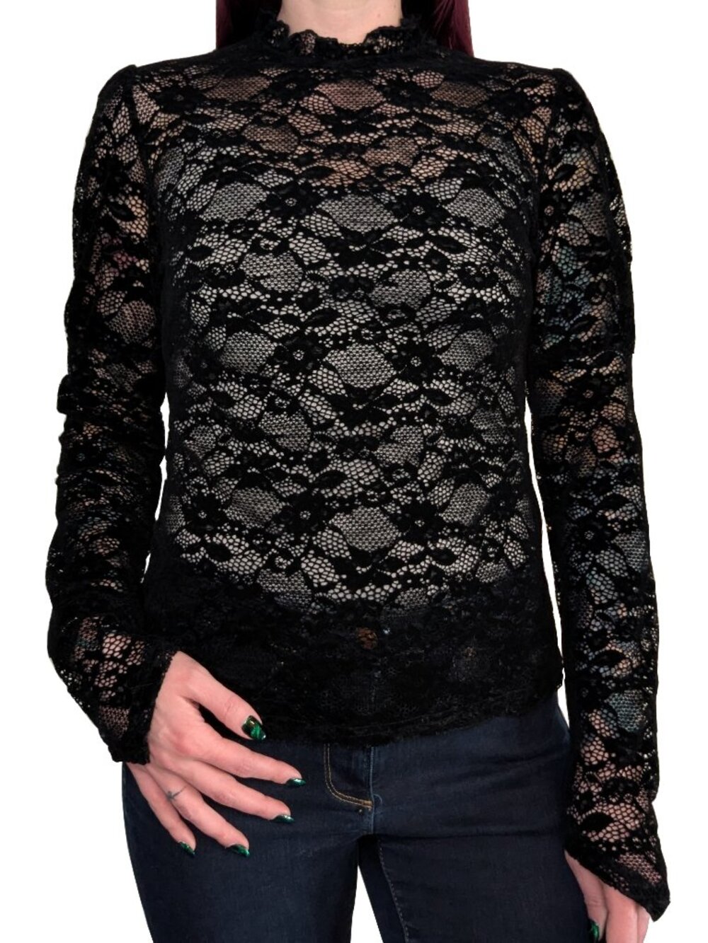 Killstar Spells Long Sleeve Lace Top High Neck Black | M